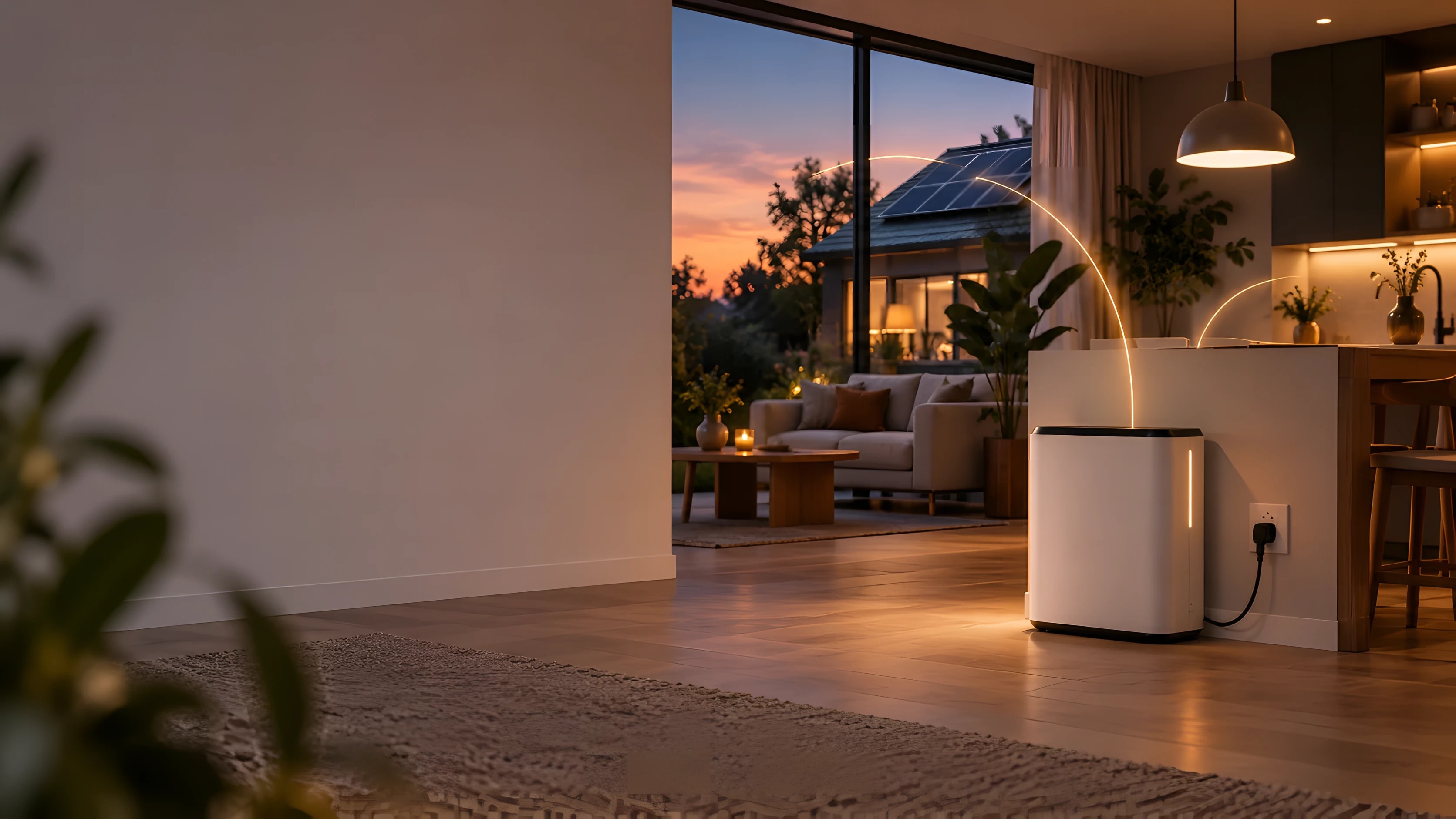 Stekkerbatterij aan het stopcontact in een woonkamer op een zomeravond, met zonnepanelen op het dak van het huis buiten