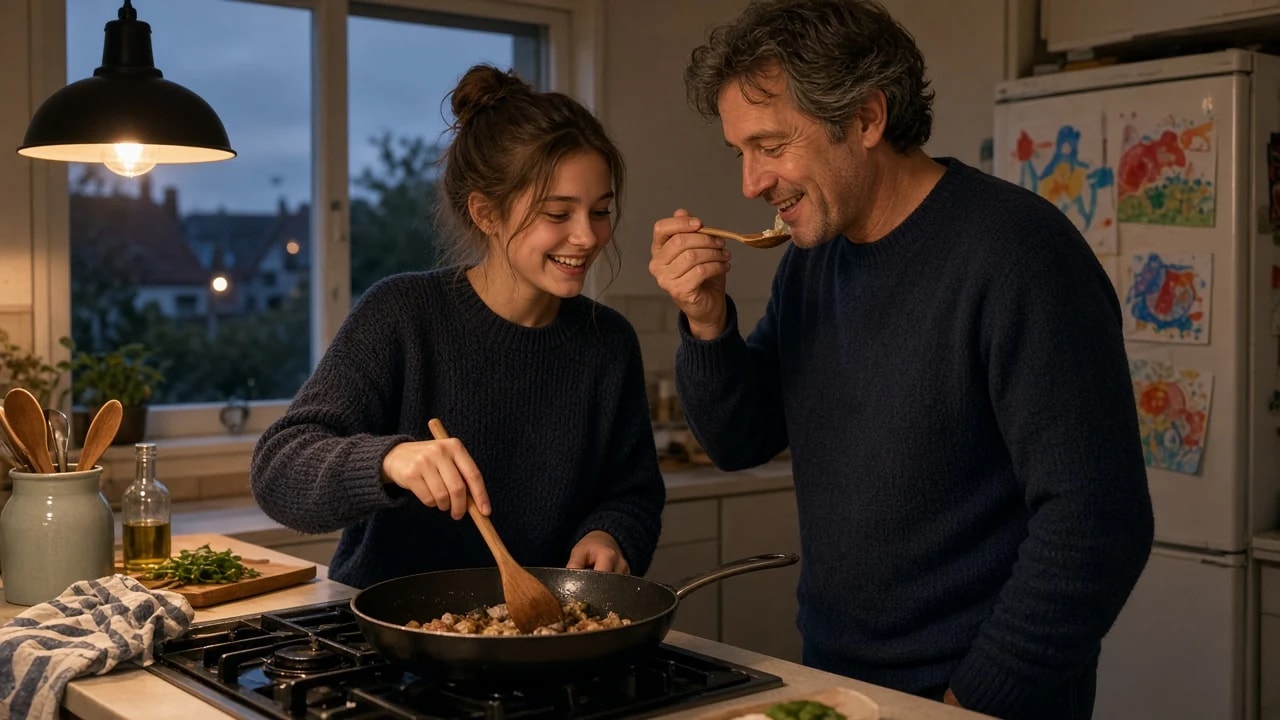 Vader en dochter koken samen het avondeten in een warm verlichte keuken