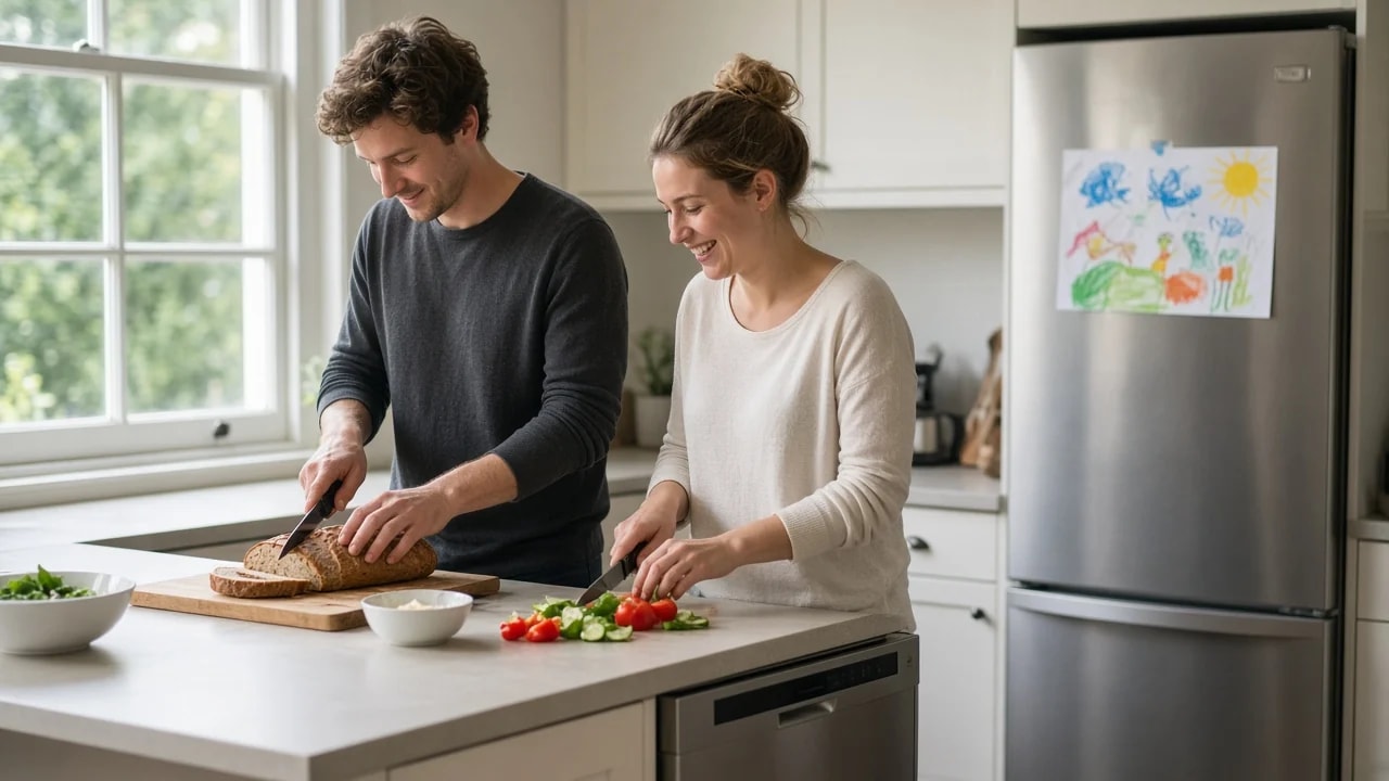 Jong stel maakt samen de lunch klaar aan het aanrecht
