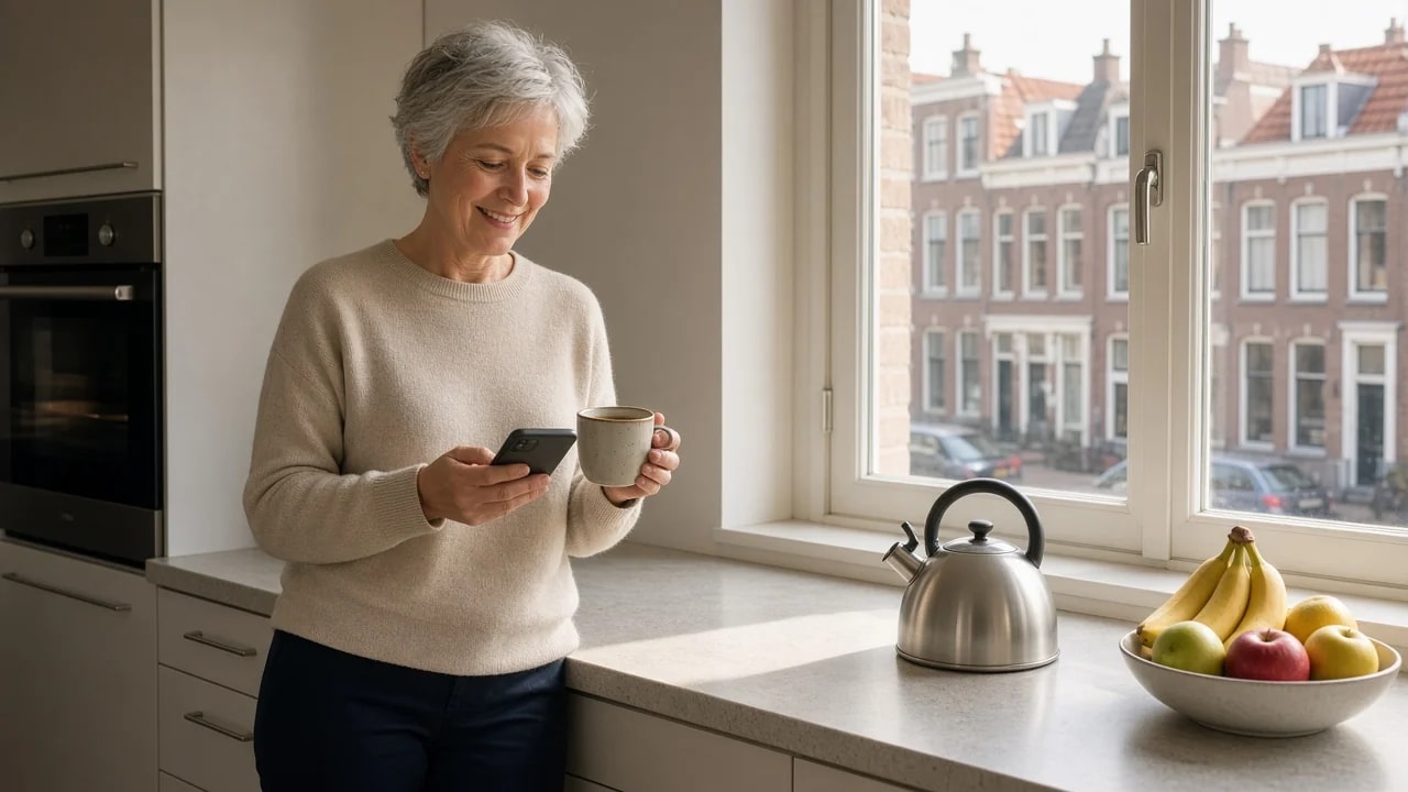 Vrouw met een kop koffie bij het keukenraam in de ochtendzon