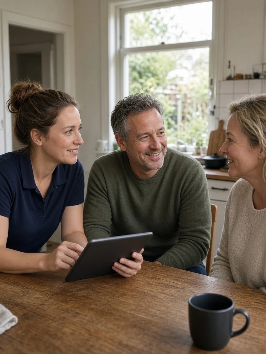 Adviseur legt een stel aan de keukentafel uit wat een stekkerbatterij voor hun woning betekent